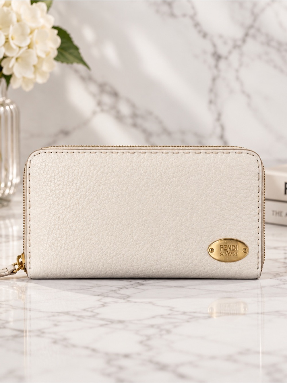 Fendi Selleria White Pebbled Leather Long Zip Around Wallet Full Inclusion
